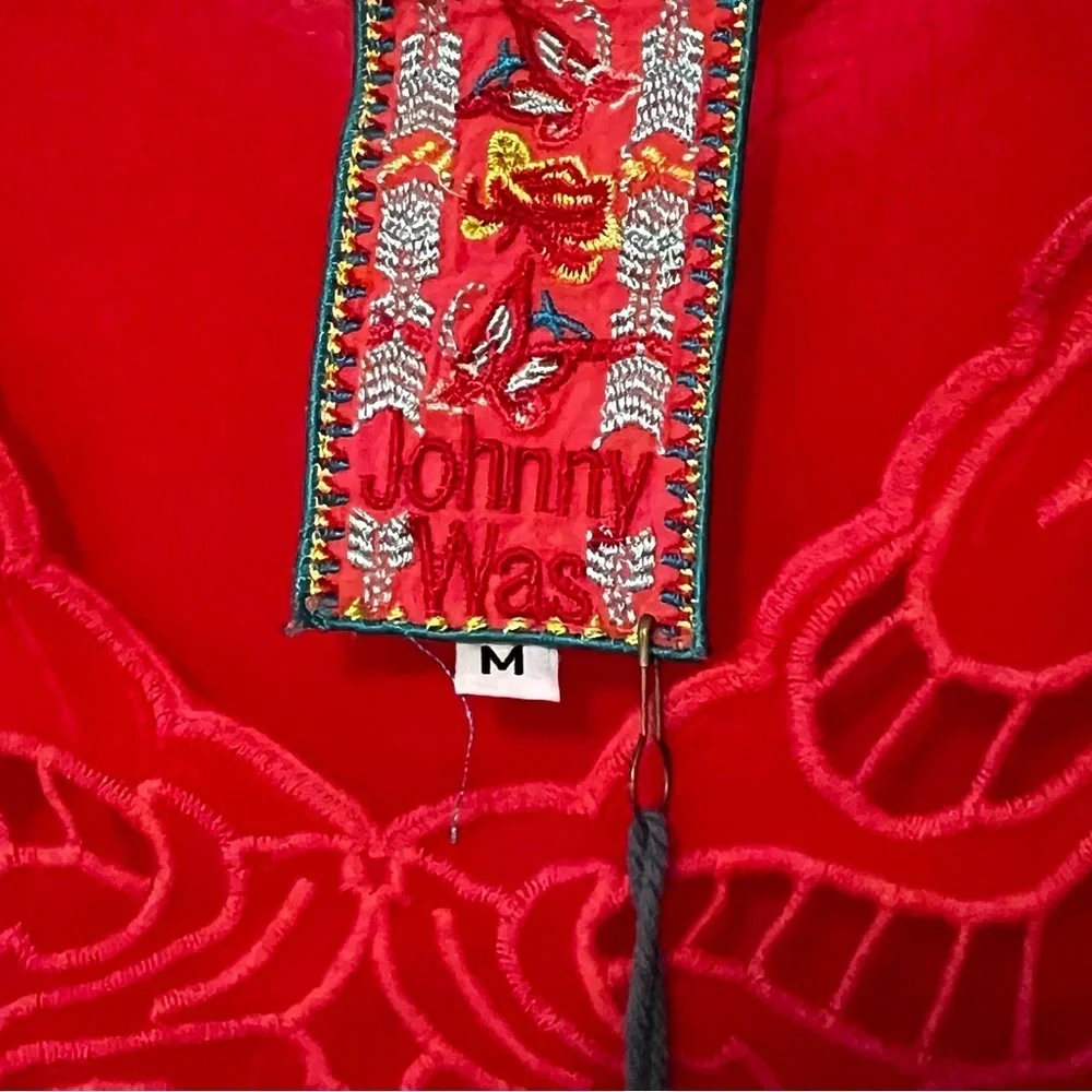 NWT Johnny Was Arlene appliqué Red Lace Tunic top with scoop neck 3/4 sleeves